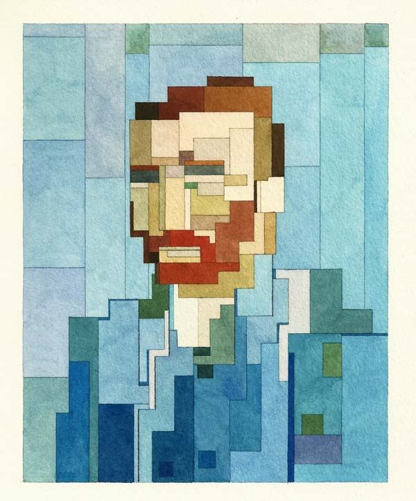 Vincent-van-Goghs-self-portrait-as-geometric-8-Bit-inspired-watercolor-painting-by-Adam-Lister